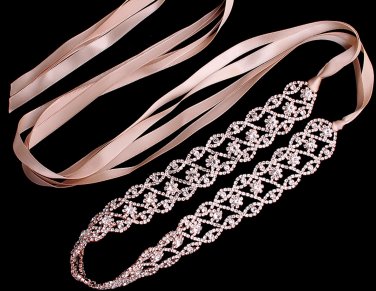 Diamante Rhinestone Wedding Bridal Rose Gold Tone Crystal Applique Sash Belt