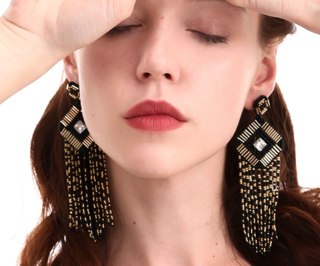 2 Pcs Bohemia Beaded Beads Crystal Tassel Drop Earrings