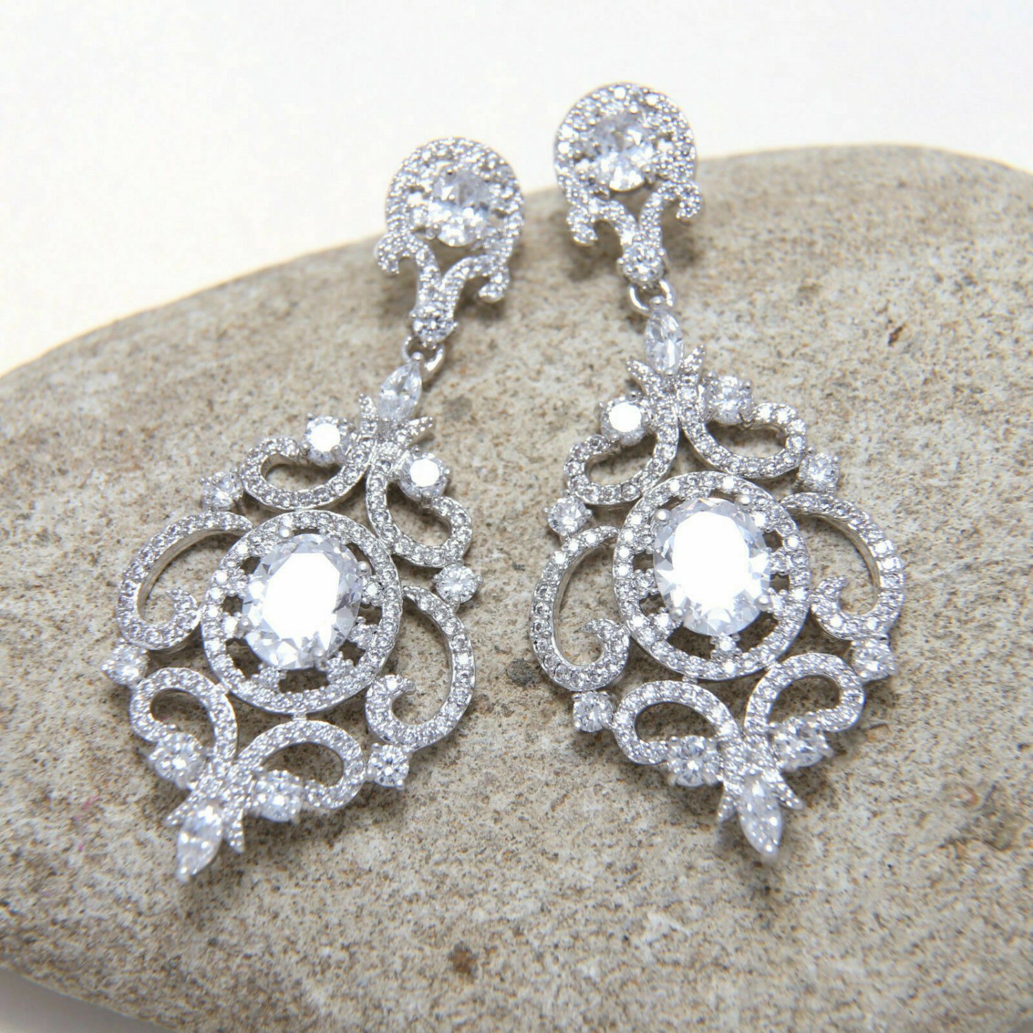 Diamante Vintage Style Chandelier Cubic Zirconia Crystal Wedding Stud Earrings