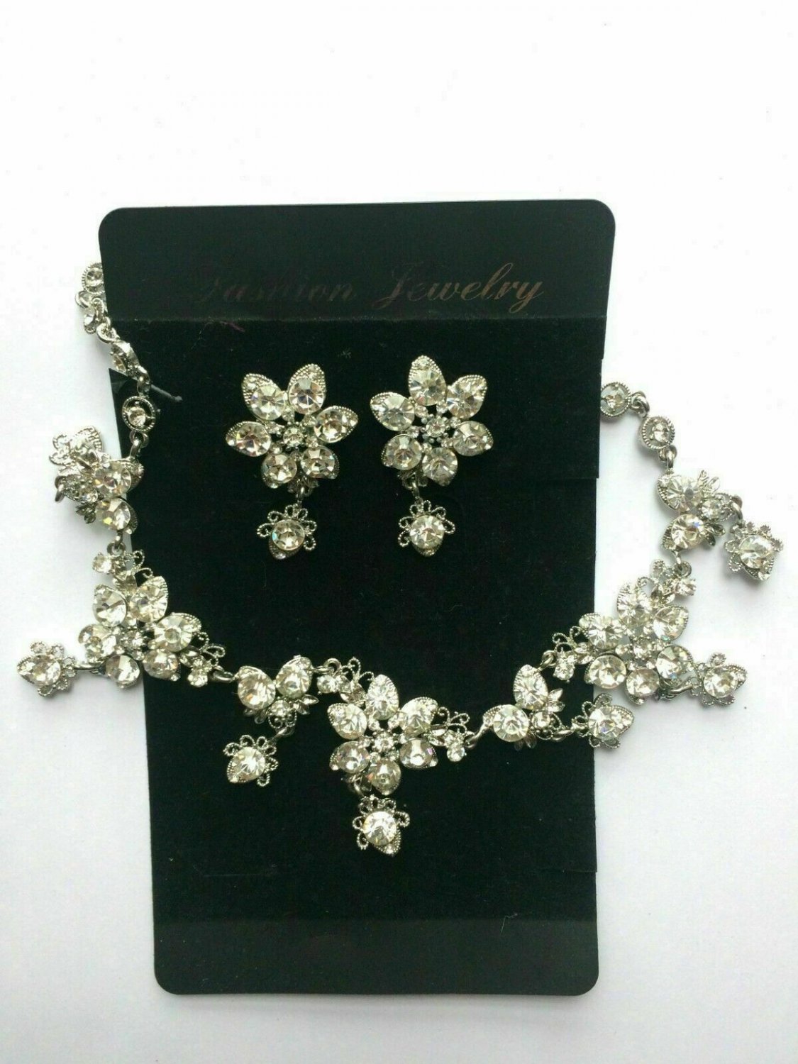 Wedding Bridal Rhinestone Crystal Chain Flower Necklace Earrings Jewellery