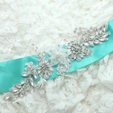 Lace Flower Rhinestone Crystal Satin Bridal Wedding Dress Belt Sash Applique