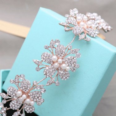 Pearl Gold Flower Rhinestone Crystal Wedding Tiara Headband Vines Accessories