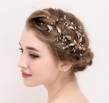 Rhinestone Crystal Leaf Flower Gold Tone Wedding Hair Jewelry Tiara