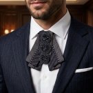 Elegant Crystal Rhinestone Pre-tied Bow Tie - Navy Blue & Patterned Ribbon