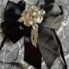 Black Satin Bow Tie Crystal Rhinestone Brooch Hair Clip Applique Craft Supply