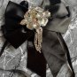 Black Satin Bow Tie Crystal Rhinestone Brooch Hair Clip Applique Craft Supply