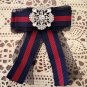 Elegant Crystal Rhinestone Bow Tie Brooch - Black & Patterned Ribbon