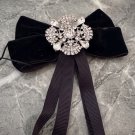 Vintage Elegance Black Velvet Bow Brooch with Rhinestone Crystal Center