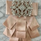 Vintage Wedding Champagne Pink Satin Bow Brooch Rhinestone Crystal Ribbon Tie