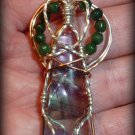 Gemstone Pendant, Fluorite and Emeralds, wire-wrapped in Silver and Copper