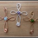 Handmade Cross Pendants, wire sculpted in Gold, Silver or Copper, with Amethyst, Aquamarine,