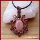 Morganite Ornate Pendant with Rubies wire wrapped in Antique Copper, with Black Leather Necklace