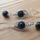 Black Onyx Earrings in Herringbone weave, Silver.