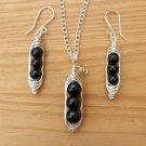 Black Onyx Necklace and Earrings, Pea Pod, Silver