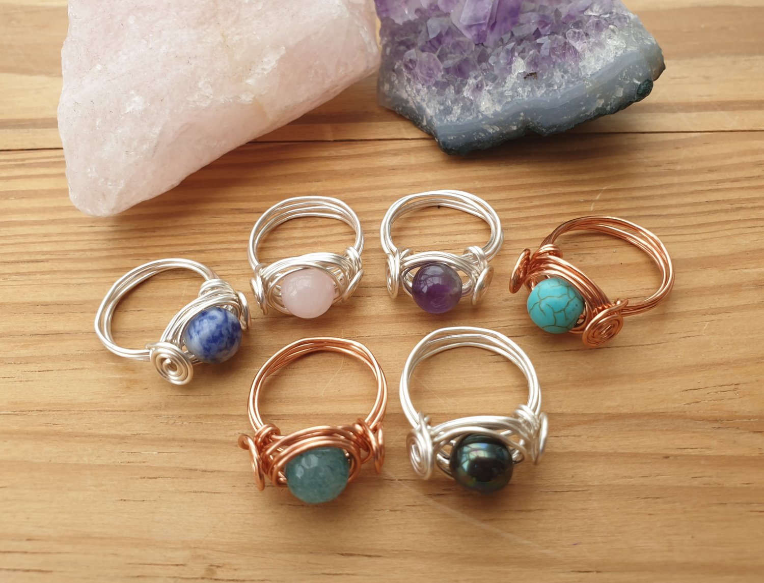 Gemstone wire wrapped Rings, Silver or Copper
