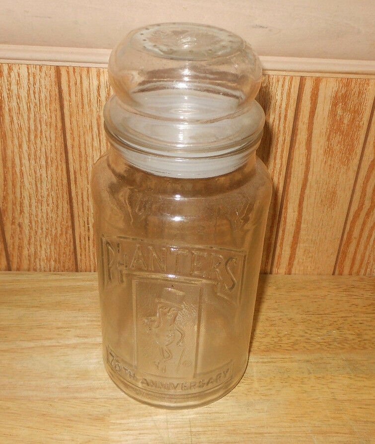 75th Anniversary Mr. Peanut Planters Peanuts Clear Glass Jar with Glass Lid