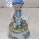 Vintage Porcelain Enesco Music Box Child Painting w/ Cat Kitten Butterfly Label