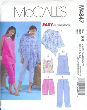 M4847 McCalls EASY ENDLESS OPTIONS Poncho,Top,Tunic,Shorts & Capri Pants Womens Size18W - 24W