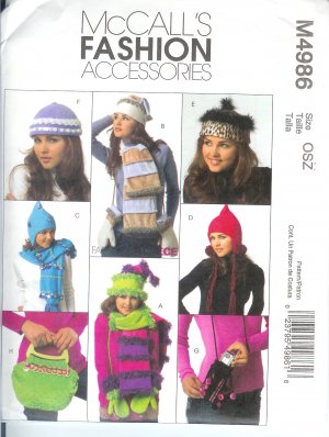 M4986 McCalls Pattern FASHION ACCESSORIES Hats, Mittens, Scarves and Handbags Misses Size OSZ