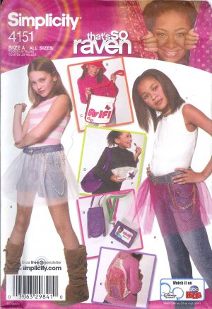 S4151 Simplicity Pattern THATS SO RAVEN Skirt,  Hat in 3 Sizes, & Accessories Childs ALL SIZES