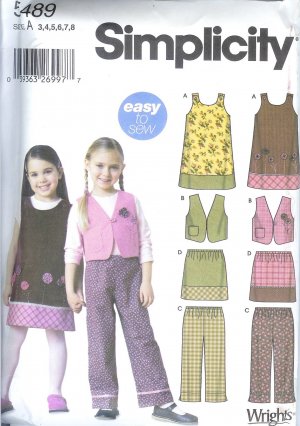 S5489 Simplicity Pattern EASY Jumper, Vest, Pants, Skirt Girls Size A 3,4,6,8