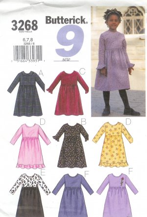 B3268 Butterick Pattern 9 EASY SEW Dress Child/Girls Size 6, 7, 8