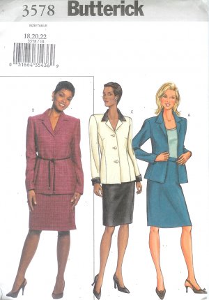 B3578 Butterick Pattern EASY Jacket, Skirt Misses/Miss Petite Size 12, 14, 16