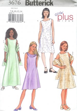 B3676 Butterick Pattern Dress, Scarf PLUS Girls Size 7, 8, 10, 12, 14