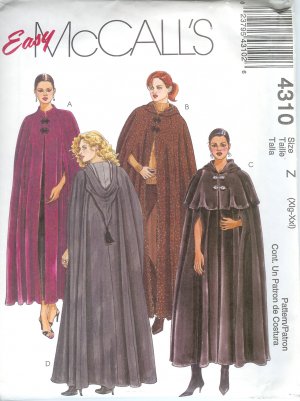 M4310 McCalls Pattern EASY Lined Cape in Two Lengths Misses/Miss Petite Size Y  S-M-L