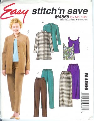 M4566 McCalls Pattern STITCH N SAVE Shirt-Jacket,Tank Top,Skirt, Pants Misses/Miss Petite Size  8-14