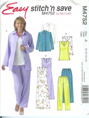 M4752 McCalls Pattern STITCH N SAVE Jacket, Top, Dress, Pants Misses/Miss Petite Size B 16-18-20-22