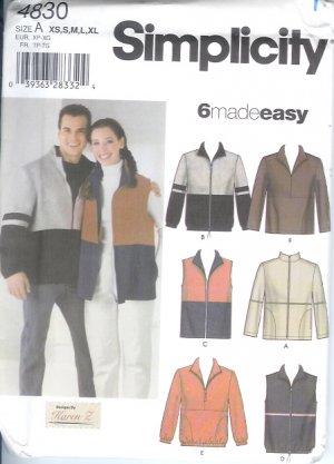 S4830 Simplicity Pattern 6 MADE EASY Jacket or Vest or Top Misses/Mens/Teens Size A  XS, S, M, L, XL