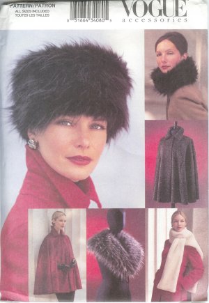 V7505 Vogue Pattern ACCESSORIES Hat, Collar, Stole, Capelet , Cape All Sizes