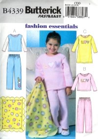 B4339 Butterick Pattern EASY Top, Gown, Pants, & Blanket Child/Girl Size 6 - 7 - 8