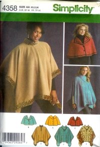 S4358 Simplicity Pattern Fleece Capelets and Poncho with trim variations Misses Size XS - M