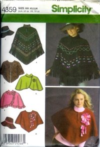 S4359 Simplicity Pattern Poncho in 2 lengths, Capelet & Hat in 3 sizes S-M-L