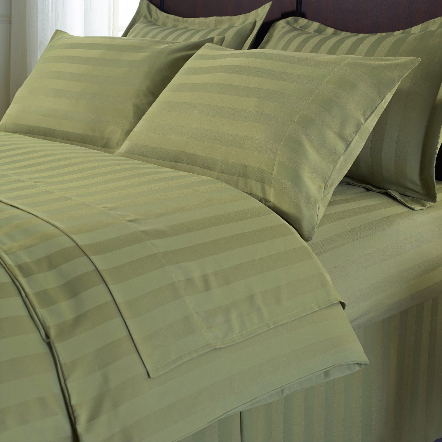 Damask Stripe Green 5pc QUEEN Size Bed Polyester Duvet Cover Set w/ Duvet Insert