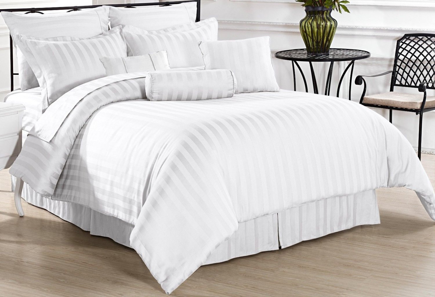 Calico 7pc QUEEN Size Bed Comforter Set White Damask Stripe 100% Cotton ...