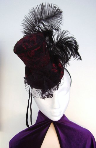 Victorian Ladies Mini Tea Top Hat Burlesque ROUGE Fascinator