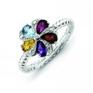Silver stackable ring with semi-precious stones flower