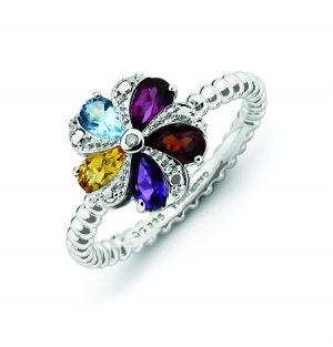 Silver stackable ring with semi-precious stones flower