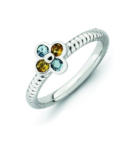 Silver stackable flower ring with semi-precious stones