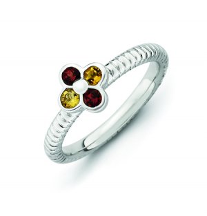 Silver stackable flower ring with semi-precious stones
