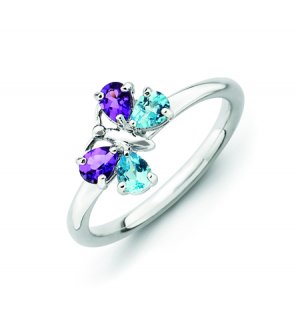 Silver stackable ring with blue topaz and amethyst butterfly