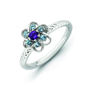 Silver stackable ring with blue topaz and amethyst flower