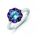 Silver stackable ring with blue topaz and amethyst flower