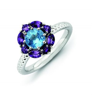 Silver stackable ring with blue topaz and amethyst flower