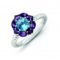 Silver stackable ring with blue topaz and amethyst flower