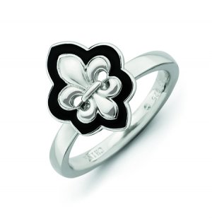 Silver stackable ring with black enamel fleur de lis
