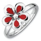 Silver stackable ring with enamel red flower